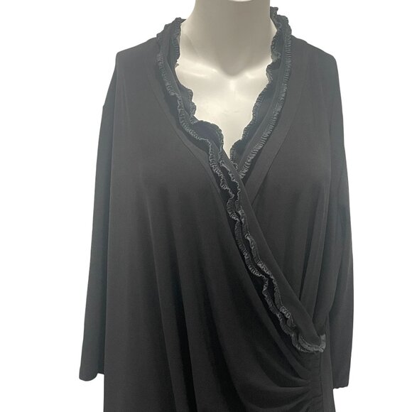 Frank Lyman Black Faux Wrap Midi Dress Lace Trim ¾ Sleeve Ruffle Cocktail Sz 18 - Picture 6 of 9